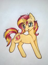 Size: 1024x1381 | Tagged: safe, artist:dexterisse, sunset shimmer, pony, unicorn, g4, ear fluff, female, open mouth, smiling, solo, traditional art