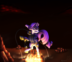 Size: 3500x3000 | Tagged: safe, artist:mykegreywolf, artist:xormak, rarity, pony, unicorn, the count of monte rainbow, g4, chains, clothes, collaboration, crack, crossover, cuffs, fear, female, fire, fissure, hell, hell to your doorstep, high res, jacket, lineless, rarifort, shackles, soft shading, solo, the count of monte cristo, villefort
