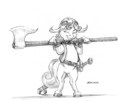Size: 1400x1160 | Tagged: safe, artist:baron engel, sweetie belle, pony, g4, axe, belt, bipedal, bracer, clothes, collar, female, happy, helmet, monochrome, pencil drawing, smiling, solo, sword, traditional art, training wheels, vest, weapon