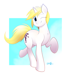 Size: 3405x3771 | Tagged: safe, artist:b-epon, oc, oc only, oc:snow mark, pony, unicorn, cute, high res, one eye closed, signature, solo, wink