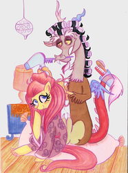 Size: 1241x1668 | Tagged: safe, artist:praysforaprankster, discord, fluttershy, draconequus, pegasus, pony, g4, alternate hairstyle, brush, clothes, comb, duo, hair curlers, hair dryer, kimono (clothing), lamp, male, mouth hold, pillow, prehensile tail, ship:discoshy, shipping, straight, tail, tail hold