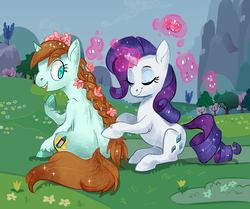 Size: 1350x1126 | Tagged: safe, artist:lis-alis, rarity, oc, pony, unicorn, g4, braid, duo, duo female, eyes closed, female, flower, flower in hair, gift art, glowing horn, horn, looking back, magic, mare, sitting, smiling