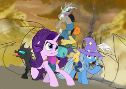 Size: 7015x4961 | Tagged: safe, artist:ruhisu, discord, starlight glimmer, thorax, trixie, changeling, draconequus, pony, unicorn, g4, to where and back again, absurd resolution, backpack, badass, clothes, commission, fangs, group, hat, raised hoof, reformed four, serious, serious face, tongue out, trixie's hat, wip