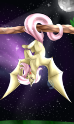 Size: 1200x2000 | Tagged: safe, artist:parisfrost, fluttershy, bat pony, pony, g4, female, flutterbat, moon, open mouth, prehensile tail, race swap, solo, tree branch