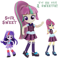 Size: 1500x1500 | Tagged: safe, artist:shyandmighty, sour sweet, twilight sparkle, equestria girls, g4, clothes, crystal prep academy uniform, customized toy, doll, equestria girls minis, freckles, high heels, irl, leg warmers, mockup, photo, pleated skirt, ponytail, school uniform, shoes, skirt, socks, toy