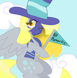Size: 1024x1041 | Tagged: safe, artist:cubbybatdoodles, derpy hooves, pony, buckball season, g4, clothes, cloud, face paint, female, flag, hat, one eye closed, scarf, solo, spread wings, wink