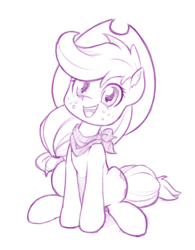 Size: 780x1000 | Tagged: safe, artist:dstears, applejack, earth pony, pony, g4, bandana, cowboy hat, cute, female, hat, jackabetes, monochrome, open mouth, simple background, sitting, sketch, smiling, solo, stetson, white background