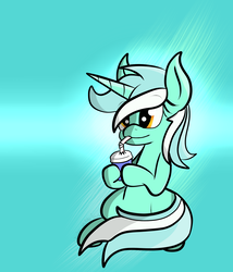 Size: 1200x1400 | Tagged: safe, artist:wonder-waffle, lyra heartstrings, pony, unicorn, g4, abstract background, cup, drink, drinking, female, sitting, smiling, smoothie, solo