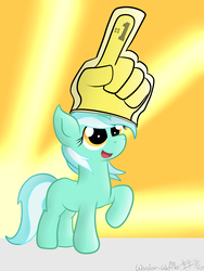 Size: 2700x3600 | Tagged: safe, artist:wonder-waffle, lyra heartstrings, pony, unicorn, g4, female, filly, foam finger, high res, raised hoof, smiling, solo, younger