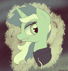 Size: 1892x2000 | Tagged: safe, artist:notenoughapples, lyra heartstrings, pony, unicorn, abstract background, bust, clothes, dig the swell hoodie, female, grin, hoodie, limited palette, looking back, portrait, smiling, solo