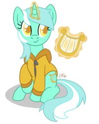 Size: 720x900 | Tagged: safe, artist:oomles, lyra heartstrings, pony, unicorn, g4, clothes, colored pupils, female, hoodie, levitation, lyre, magic, musical instrument, raised hoof, simple background, sitting, smiling, solo, telekinesis, transparent background