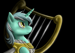 Size: 2000x1429 | Tagged: safe, artist:anadukune, lyra heartstrings, pony, unicorn, g4, black background, clothes, dress, female, lyre, profile, simple background, smiling, solo