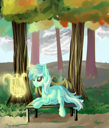 Size: 1700x2000 | Tagged: safe, artist:brony-girl, lyra heartstrings, pony, unicorn, g4, bench, female, fluffy, levitation, lyre, magic, park, prone, smiling, solo, telekinesis, tree