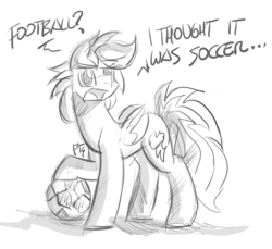 Size: 2632x2416 | Tagged: safe, artist:flutterthrash, rainbow dash, pony, g4, 30 minute art challenge, american football, ball, dialogue, football, high res, monochrome, sketch