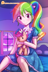 Size: 750x1125 | Tagged: safe, alternate version, artist:lumineko, rainbow dash, scootaloo, human, g4, alternate hairstyle, bed, blushing, bow, bracelet, clothes, curtains, cute, dashabetes, dress, female, hair bow, humanized, implied scootalove, jewelry, looking at you, nightgown, patreon, patreon logo, plushie, ponytail, rainbow dash always dresses in style, scootaloo plushie, smiling, solo, window