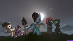 Size: 3840x2160 | Tagged: safe, artist:rainbowdashydg, artist:rdashflare, oc, oc only, oc:ashee, oc:buttercream scotch, oc:krylone, oc:moonlit ace, oc:paulpeoples, oc:rdash, dracony, earth pony, hybrid, merpony, original species, pegasus, pony, shark, shark pony, unicorn, 3d, grass, group, high res, moon, source filmmaker