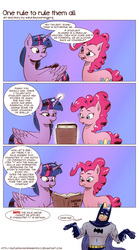 Size: 1144x2064 | Tagged: safe, artist:saturdaymorningproj, pinkie pie, twilight sparkle, alicorn, pony, g4, batman, book, comic, crossover, glowing horn, horn, magic, telekinesis, twilight sparkle (alicorn)