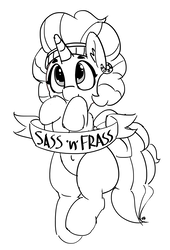 Size: 1280x1879 | Tagged: safe, artist:pabbley, saffron masala, pony, unicorn, g4, banner, belly button, bipedal, cute, ear piercing, earring, female, fluffy, jewelry, looking up, monochrome, piercing, raised leg, sassy, simple background, smiling, solo, white background