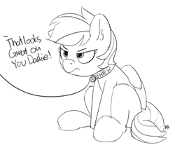 Size: 1280x1098 | Tagged: safe, artist:pabbley, rainbow dash, pony, g4, collar, dialogue, glare, grayscale, leash, monochrome, offscreen character, pet play, pony pet, rainbow dash is not amused, simple background, sitting, this will end in tears and/or death, unamused, white background