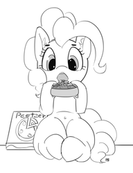 Size: 1280x1668 | Tagged: safe, artist:pabbley, pinkie pie, earth pony, pony, g4, belly button, cadance's pizza delivery, eating, female, food, grayscale, monochrome, open mouth, peetzer, pizza, pizza box, simple background, sitting, solo, white background