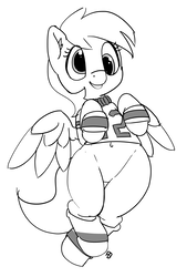 Size: 1280x1895 | Tagged: safe, artist:pabbley, derpy hooves, pony, g4, belly button, clothes, female, flying, monochrome, simple background, smiling, socks, solo, sweater, white background