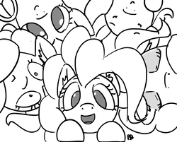 Size: 1280x1029 | Tagged: safe, artist:pabbley, pinkie pie, earth pony, pony, g4, eyes closed, grayscale, looking at you, monochrome, multeity, open mouth, wide eyes