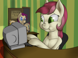 Size: 999x749 | Tagged: safe, artist:shdingo, mayor mare, roseluck, earth pony, pony, the mayors journey(vore series), g4, colored pupils, computer, desk, non-dyed mayor, scrunchy face