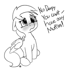 Size: 1280x1352 | Tagged: safe, artist:pabbley, derpy hooves, pony, g4, blushing, crying, dialogue, female, grayscale, monochrome, muffins fuel, offscreen character, pure unfiltered evil, simple background, sitting, solo, white background, you monster