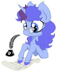 Size: 1230x1492 | Tagged: safe, artist:paskanaakka, derpibooru exclusive, oc, oc only, oc:midnight dew, pony, unicorn, bags under eyes, colored hooves, ear fluff, female, glasses, horn, ink, mare, pony oc, quill, scroll, simple background, smiling, solo, transparent background, unicorn oc, unshorn fetlocks