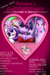 Size: 1136x1695 | Tagged: safe, artist:da3rd, artist:evilymasterful, artist:tallyburd, artist:thecreamyowl, pinkie pie, rarity, spike, starlight glimmer, twilight sparkle, dragon, anthro, g4, art pack, art pack cover, heart, heart eyes, valentine's day, wingding eyes