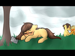 Size: 800x600 | Tagged: safe, artist:h0mi3, applejack, caramel, oc, oc:sweet apple, earth pony, pony, g4, alternate hairstyle, blank flank, blushing, crying, eyes closed, female, filly, floppy ears, grass, grave, gravestone, male, mare, offspring, parent:applejack, parent:caramel, parents:carajack, prone, sad, ship:carajack, shipping, stallion, story included, straight, tree, trio, wide eyes
