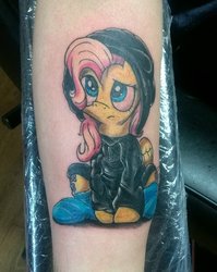 Size: 901x1132 | Tagged: safe, artist:bugplayer, fluttershy, pony, g4, clothes, djplays, hoodie, socks, tattoo