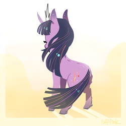 Size: 3000x3000 | Tagged: safe, artist:puffpink, twilight sparkle, pony, g4, cloud, curved horn, eyes closed, female, high res, horn, rear view, solo