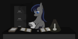 Size: 1788x898 | Tagged: safe, artist:totallynotabronyfim, oc, oc only, oc:ice moon, bat pony, pony, cabinet, chest fluff, desk, inbox, lamp, quill, shadow, solo