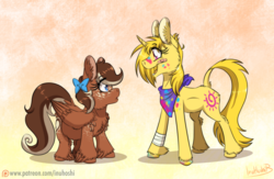 Size: 900x585 | Tagged: safe, artist:inuhoshi-to-darkpen, oc, oc only, oc:sunshine, oc:sweet cocoa, pegasus, pony, unicorn, cute, duo, feathered fetlocks, female, filly, freckles, looking at each other, mare, open mouth, patreon, patreon logo, signature, smiling, unshorn fetlocks