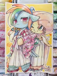 Size: 1536x2048 | Tagged: safe, artist:mosamosa_n, fluttershy, rainbow dash, pony, semi-anthro, g4, arm hooves, clothes, hakama, hug, kimono (clothing), sandals, traditional art, watercolor painting, zori