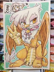 Size: 1536x2048 | Tagged: safe, artist:mosamosa_n, gilda, griffon, g4, brush, japanese, peace sign, smirk, traditional art, v, watercolor painting