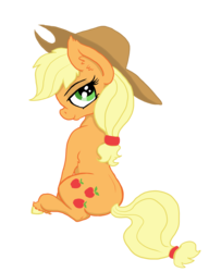 Size: 1770x2307 | Tagged: safe, artist:paskanaakka, derpibooru exclusive, applejack, earth pony, pony, g4, applejack's hat, colored hooves, cowboy hat, ear fluff, female, hat, lidded eyes, looking at you, looking back, simple background, sitting, smiling, solo, transparent background