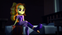 Size: 1920x1080 | Tagged: safe, artist:razethebeast, adagio dazzle, equestria girls, g4, my little pony equestria girls: rainbow rocks, 3d, boots, clothes, crossed legs, female, high heel boots, indoors, looking at you, sitting, smiling, solo, source filmmaker