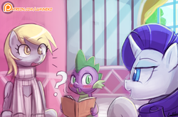 Size: 708x466 | Tagged: safe, artist:lumineko, derpy hooves, rarity, spike, dragon, pony, g4, book, clothes, colored pupils, comic panel, keyhole turtleneck, no dialogue, patreon, patreon logo, question mark, sweater, trio, turtleneck
