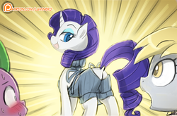 Size: 708x466 | Tagged: safe, artist:lumineko, derpy hooves, rarity, spike, dragon, pony, g4, backless, blushing, butt, buttcrack, clothes, colored pupils, comic panel, dock, looking back, no dialogue, open mouth, open-back sweater, patreon, patreon logo, plot, plotcrack, rearity, sleeveless sweater, smiling, sweater, trio, virgin killer sweater