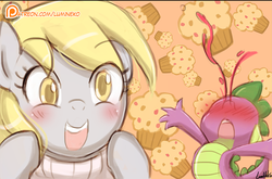 Size: 708x466 | Tagged: safe, artist:lumineko, derpy hooves, spike, dragon, pegasus, pony, g4, abstract background, blood, blushing, clothes, colored pupils, comic panel, context is for the weak, duo, explosive nosebleed, female, food, male, mare, muffin, no dialogue, nosebleed, open mouth, patreon, patreon logo, reaction image, signature, smiling, sweater, turtleneck