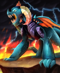 Size: 813x983 | Tagged: safe, artist:scarlet-spectrum, dragon lord torch, dragon, g4, gauntlet of fire, armor, claws, fangs, fire, intimidating, lightning, male, open mouth, scary, solo, speedpaint