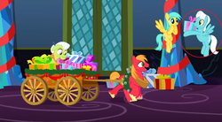 Size: 1280x704 | Tagged: safe, edit, edited screencap, screencap, big macintosh, granny smith, high note, sunshower raindrops, earth pony, pegasus, pony, a hearth's warming tail, g4, background pony, cart, castle, female, gift giving, male, mare, present, stallion, twilight's castle