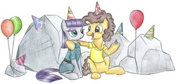 Size: 1017x488 | Tagged: safe, artist:islamilenaria, boulder (g4), cheese sandwich, maud pie, earth pony, pony, g4, balloon, clothes, crack shipping, cropped, dress, hat, male, maudwich, party hat, rock, shipping, sitting, straight, traditional art