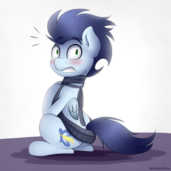 Size: 2000x2000 | Tagged: safe, artist:spirit-dude, soarin', pegasus, pony, g4, backless, blushing, butt, buttcrack, caught, cheek fluff, clothes, crossdressing, cute, ear fluff, girly, gritted teeth, high res, looking back, male, open-back sweater, plot, plotcrack, sitting, sleeveless sweater, soarass, soarinbetes, solo, stallion, stupid sexy soarin', sweater, virgin killer sweater, wide eyes