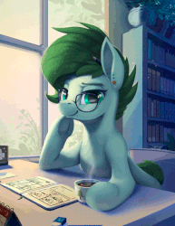 Size: 463x600 | Tagged: safe, artist:rodrigues404, oc, oc only, oc:trees, earth pony, pony, animated, book, cinemagraph, coffee, eraser, female, gif, glasses, idle animation, mare, solo