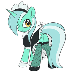 Size: 1024x1002 | Tagged: safe, artist:dusthiel, lyra heartstrings, pony, unicorn, g4, butt, clothes, dock, dress, featureless crotch, female, fishnet stockings, maid, mare, misleading thumbnail, one eye closed, plot, simple background, skirt, solo, tail upskirt, upskirt, white background, wink