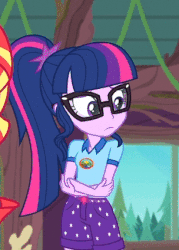 Size: 304x424 | Tagged: safe, screencap, sci-twi, sunset shimmer, twilight sparkle, equestria girls, g4, my little pony equestria girls: legend of everfree, animated, clothes, cropped, crossed arms, female, gif, glasses, indoors, shorts, solo focus
