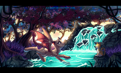 Size: 1500x907 | Tagged: safe, artist:ka-samy, oc, oc only, oc:squiggles, cat, manticore, commission, forest, solo, waterfall